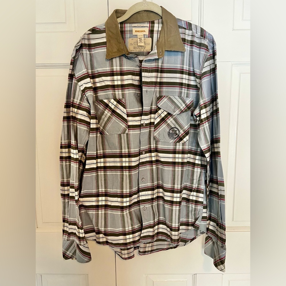 Diesel Slim Fit Plaid Button-Up Shirt Men’s XXL Light Blue 100% Cotton